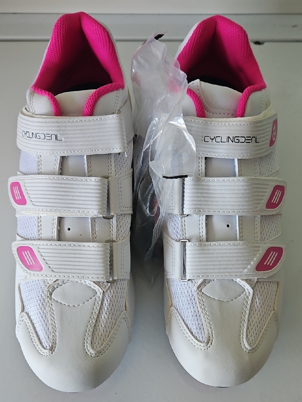 Women’s White and Pink Cycling Athletic Shoes with Secure Triple-Strap Closure